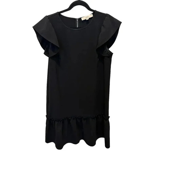Ann Taylor LOFT Women Black Short Sleeve Crew Neck Back Zip Ruffle Dress Size M - Picture 1 of 7